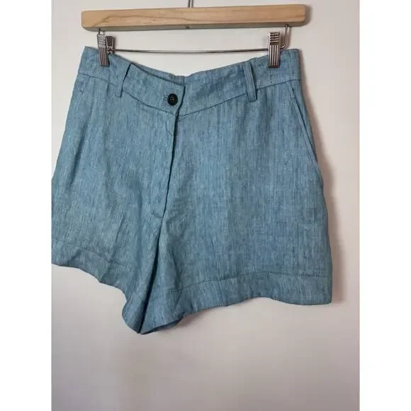 VANESSA BRUNO Nixia Linen Shorts High Waisted Blue Sz 40 US Sz 8 NWT $345